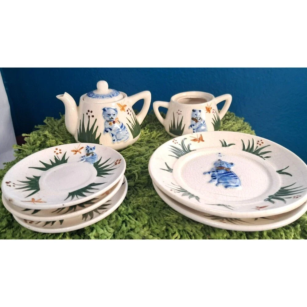 Antique 1920's Cat Tea Set Childs Majolica Tea Pot Saucers Sugar Ceramic